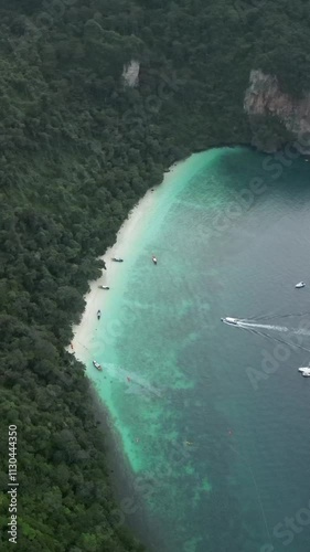 Beautiful drone video of Monkey Beach in Koh Phi Phi Don in Thailand.