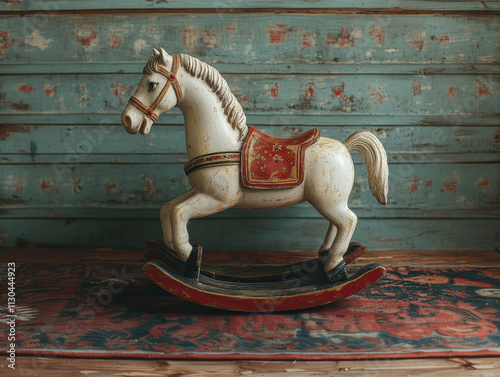 Vintage wooden rocking horse with intricate details, showcasing timeless craftsmanship. Ideal for nostalgic decor, this rustic toy brings warmth and charm to any setting, evoking childhood memories.