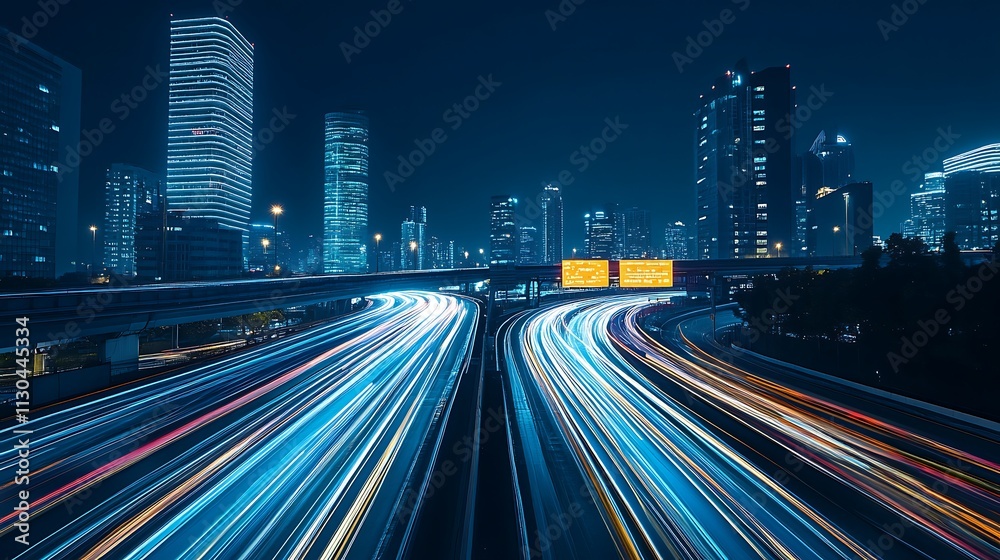 Fototapeta premium A city highway at night, with light trails from cars and trucks, and tall buildings in the background.