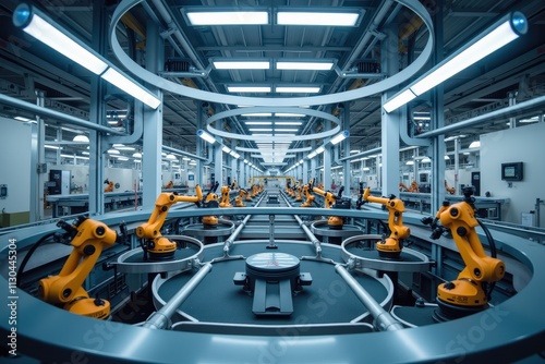 Advanced Automation with AI and Robotics in Modern Drone Production Facility Showcasing Collaborative Industrial Robots on Assembly Line