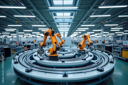 Advanced AI Drone Production Line Featuring Robotic Arms and Automated Systems in a Modern Factory Environment