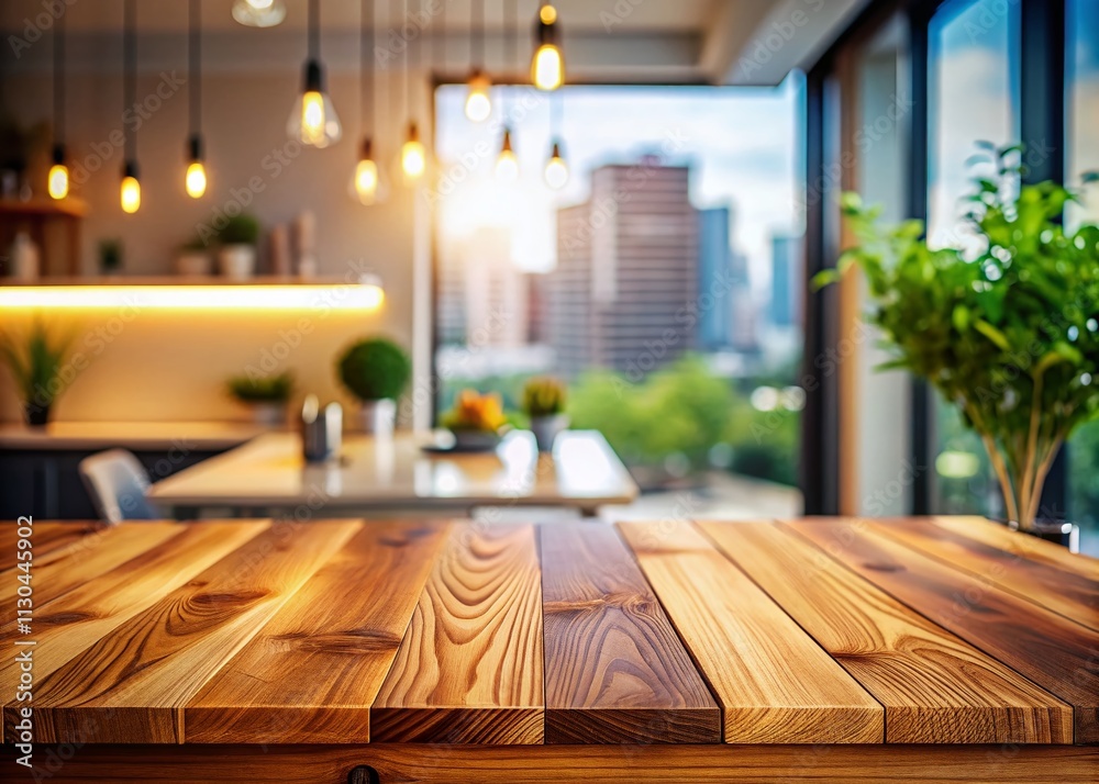Fototapeta premium Urban Exploration Photography: Wooden Table Top with Blurred Modern Home Interior, Perfect for Empty Space to Showcase Products or Create a Cozy Atmosphere