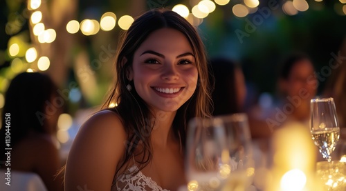 Une femme, jeune, magnifique aux cheveux longs, souriante, assise avec des amis autour d'une table de dîner, guirlandes lumineuses avec effet bokeh en arrière-plan, concept de repas du nouvel an. photo