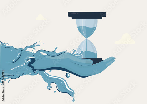 Water Hand Holding Hourglass Illustration. fluid hand holding an hourglass, symbolizing time, water, and sustainability in a surreal style. World water day concept. Water conservation