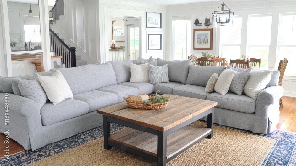 Fototapeta premium Spacious Farmhouse Living Room with Gray Sectional Sofa and Rustic Coffee Table