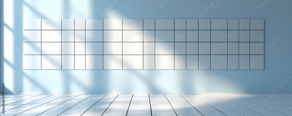 Obraz premium Sunlit Minimalist Room, White Tiles & Blue Walls, Modern Interior Design, Clean Lines, Empty Space, Light and Shadow, Architectural Visualization
