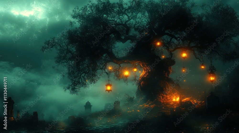 Fototapeta premium Enigmatic glowing tree in a misty graveyard at night.