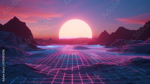 A retro-futuristic landscape with a glowing grid in the foreground and a large sun in the background.