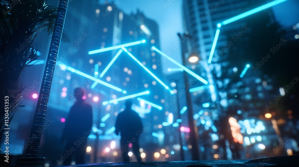 Obraz premium Futuristic city street at night with glowing neon lines and silhouettes of people walking.