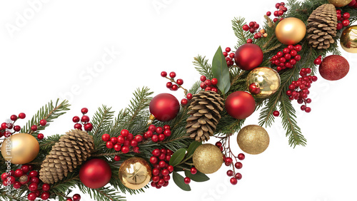 Christmas Garland with Red and Gold Baubles, Berries, and Pine cones on Transparent Background