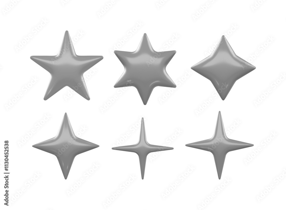 Fototapeta premium 3d Grey Desaturated Glossy Stars Set Different Shapes Shiny Plastic Icons Realistic Vector Isolated