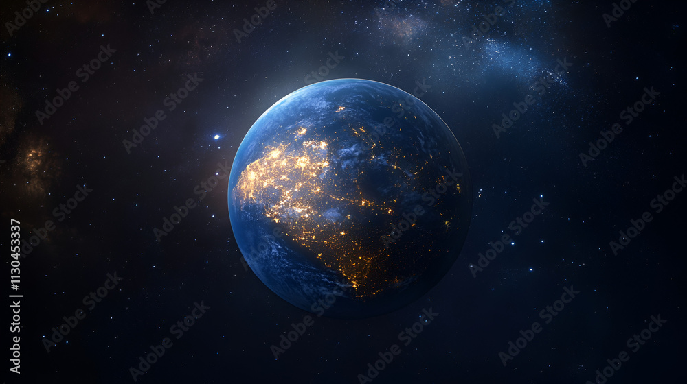 Fototapeta premium Nightly Planet Earth in dark outer space. Civilization. Elements of this image furnished, Generative AI