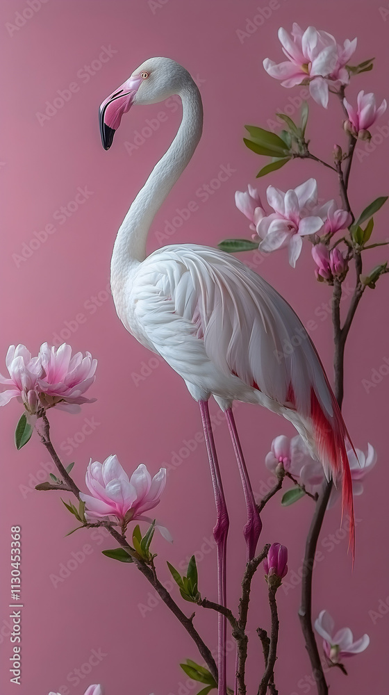 Naklejka premium Elegant Flamingo Amidst Blooming Magnolia Branches on Pink