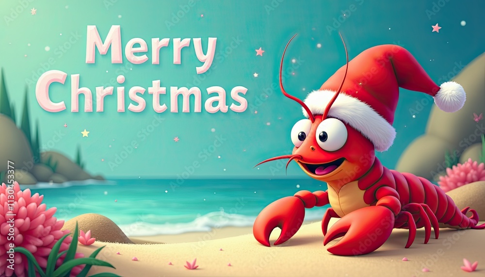 Fototapeta premium Cartoon Lobster in a Santa hat with ocean background and Merry Christmas greeting.