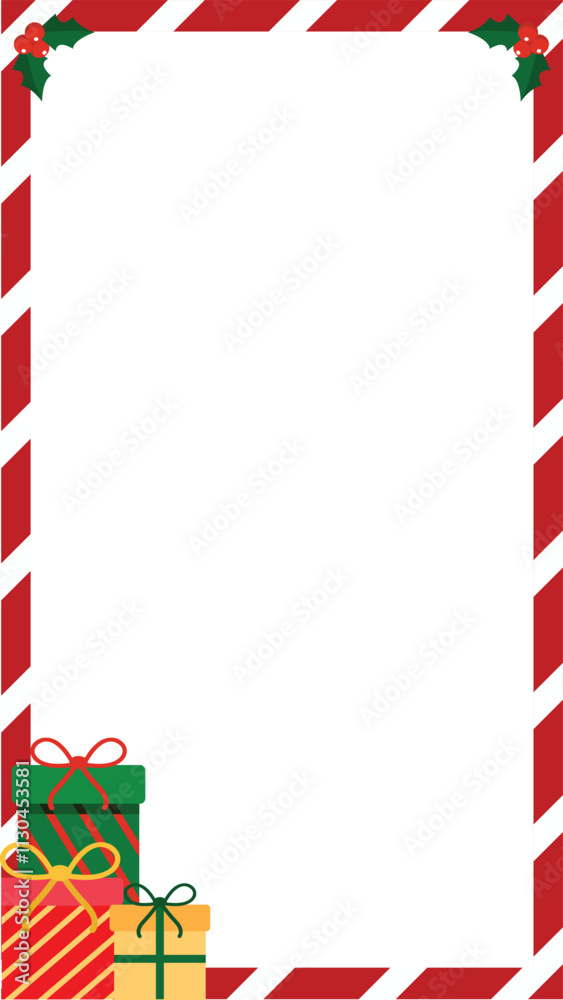 Fototapeta premium Cute christmas frame border with gift boxes and strip line background