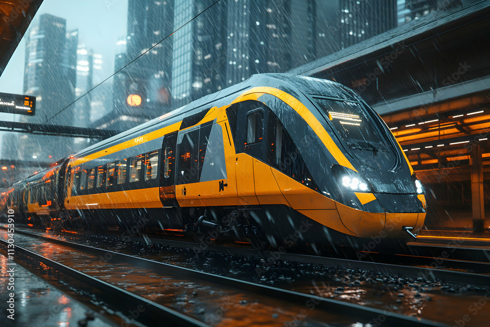 Fototapeta premium High-Speed Train Arriving at City Station During a Rainstorm