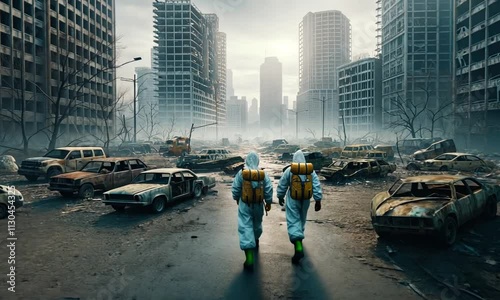 People in protective gear PPE clothes walking away in Aftermath of a pandemic times in misty destructed city due to the catostrophic consequences of atomic war