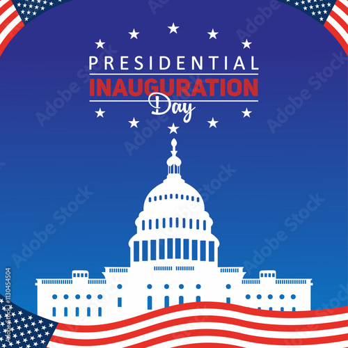 USA Presidential Inauguration Day on January 20th vector banner. Capitol Building Washington D.C. American flag background.