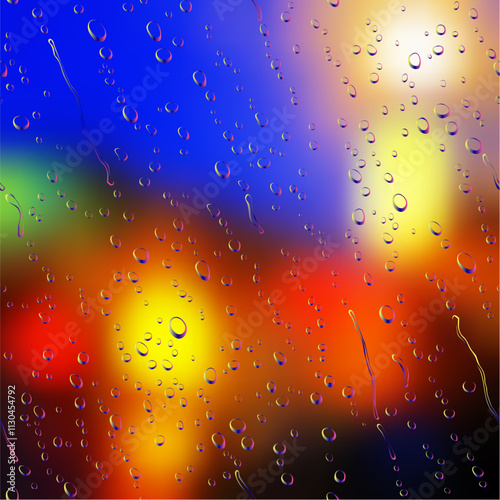 Vector seamless pattern of water drops on single blurred night city lights background. Easy to multiply the droplet pattern and change its gradient colors and also change other backgrounds