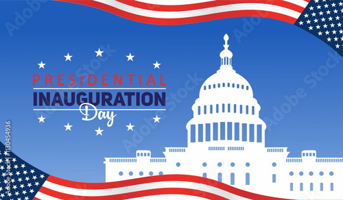 USA Presidential Inauguration Day on January 20th vector banner. Capitol Building Washington D.C. American flag background.