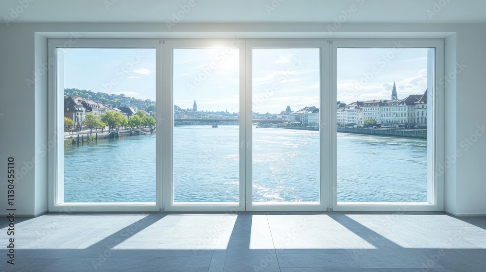 Fototapeta premium Modern Interior View of River from Large Windows in Bright Room