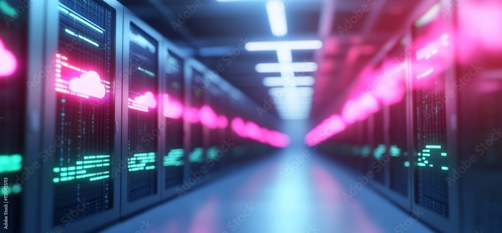 Obraz premium Illuminated server room with data center technology and cloud computing concept.