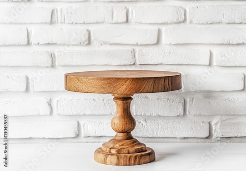 Wooden Cake Stand on White Brick Wall Background for Decor