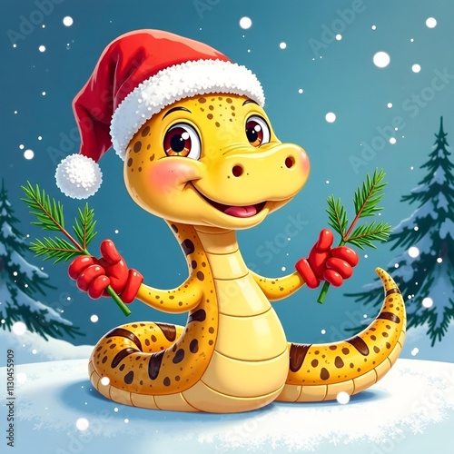 Cute Cartoon Snake in Santa hat. Cartoon Lunar symbol of Chinese 2025 new year. 2025 new year greeting brichure cover theme. Social media greeting card with funny happy Snake.   photo