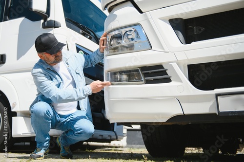 Senior man walking in front of his truck photo