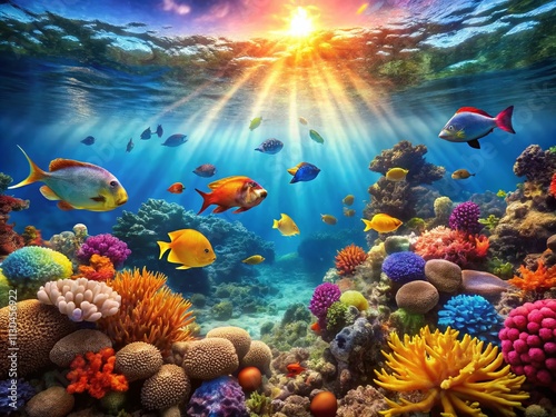 Wallpaper Mural Vibrant Underwater Coral Reef Scene with Colorful Tropical Fish Swimming Amongst Stunning Coral Formations in a Clear Blue Ocean Environment Torontodigital.ca