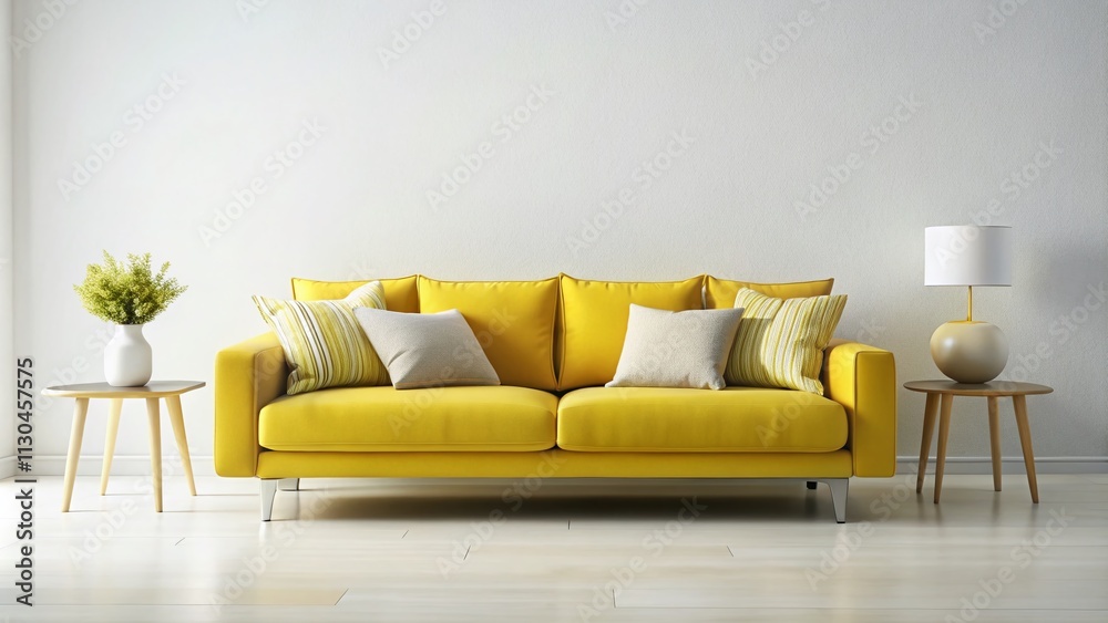 Fototapeta premium Vibrant Yellow Sofa with Comfy Pillows Against a Pure White Background, Perfect for Contemporary Interior Design and Architectural Photography