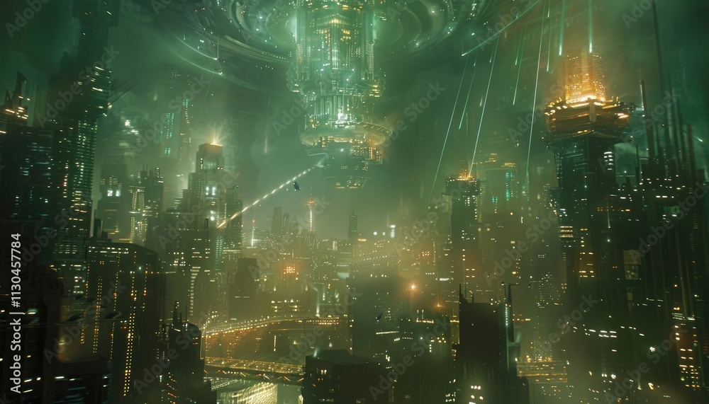 Obraz premium Futuristic Cityscape Illuminated At Night With Hovering Ship