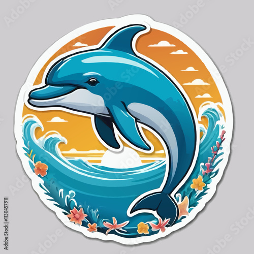 jumping dolphin cartoon ornament sticker vector