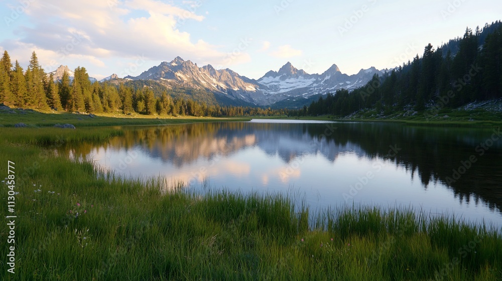 Fototapeta premium Serene mountain lake reflecting a tranquil sky, surrounded by lush green meadows and pine forests at sunset.