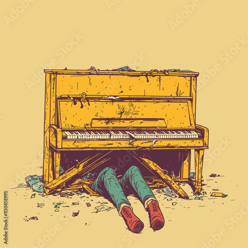 Broken piano, person trapped underneath.