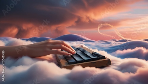 A hand with slender fingers and trimmed nails, resting on a worn, wooden keyboard, typifies away on a cloud-like terrain, amidst a breathtaking sunset with hues of burnt orange, soft pink, and blushin photo