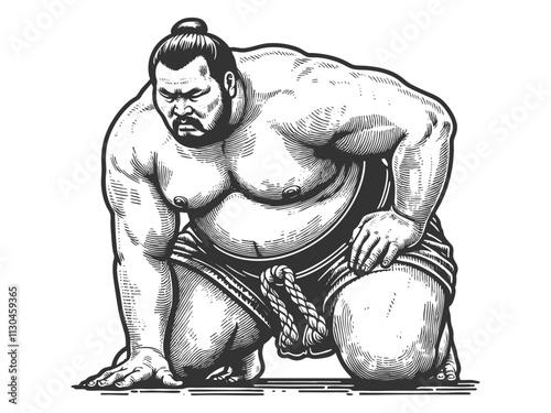 sumo wrestler crouching in a traditional pre-fight stance, emphasizing strength and discipline sketch engraving generative ai vector illustration. Scratch board imitation. Black and white image.