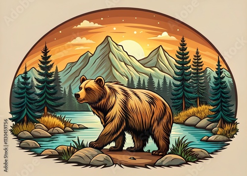 Vintage Retro Hand Drawn Wild Big Bear Logo Design in Panoramic Photography Style for Nature and Wildlife Enthusiasts, Perfect for Branding and Marketing Materials photo