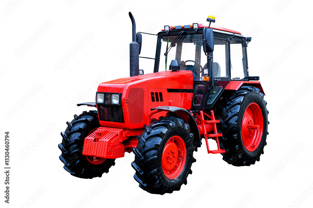 Obraz premium Agricultural tractor isolated on a white background. Modern technological farm tractor. Front view.