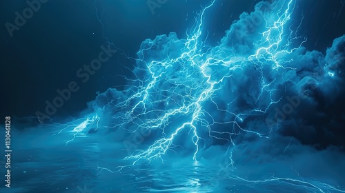 A lightning strike with electric blue hues on a solid cyan background.