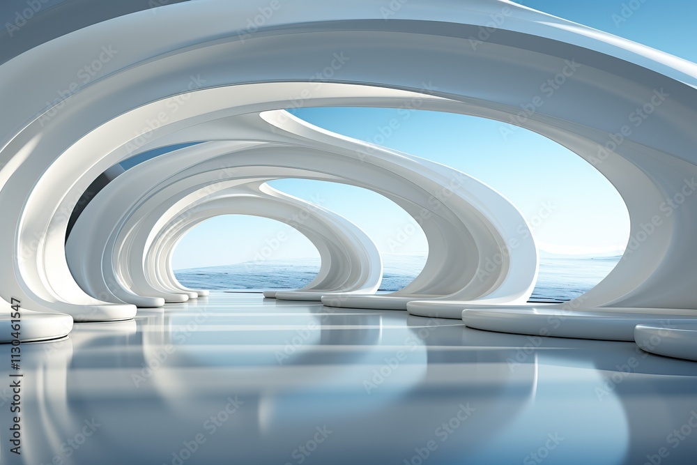 Obraz premium Non-standard architecture with circular elements without sharp corners and in white.