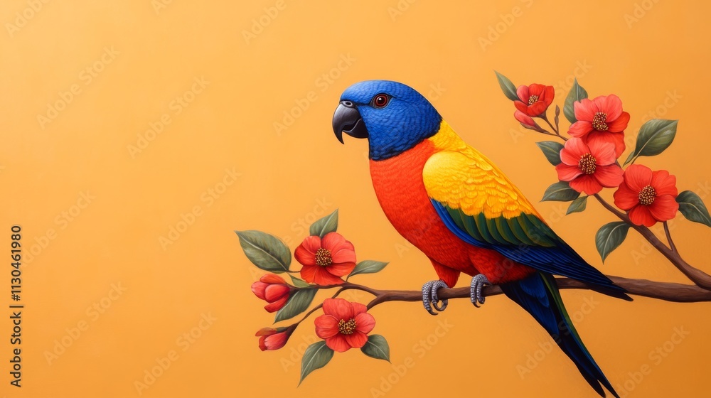 Fototapeta premium A brightly colored Australian lorikeet perched on a flowering branch, with vivid red and yellow blooms in the background 
