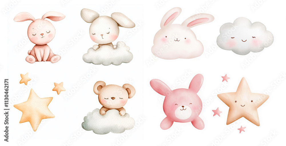 Obraz premium Charming set of baby illustrations featuring pastel bunnies, teddy bears, clouds, and stars. Perfect for nursery decor, baby products, or greeting cards.
