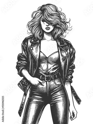 woman in a leather jacket and tight leather pants, posing sketch engraving generative ai fictional character vector illustration. Scratch board imitation. Black and white image.