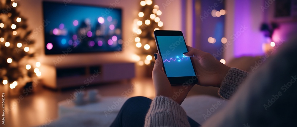 Fototapeta premium Woman using phone near Christmas tree and TV.