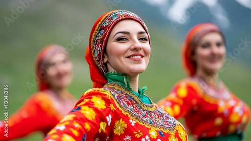 Dancers in traditional Georgian chokha attire performing a vibrant dance in a mountain village, with the Caucasus peaks in the background  photo