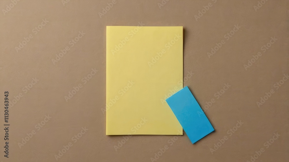 Fototapeta premium Yellow notepad with a blue sticky note on a beige background