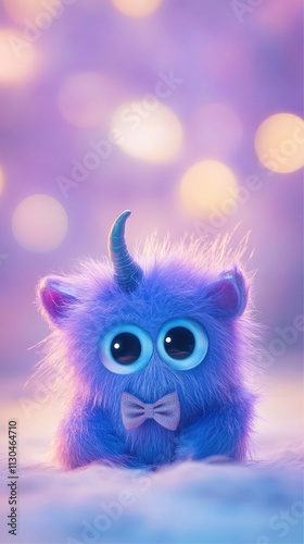 A cute, fluffy purple monster with big eyes and a bow tie against a dreamy background.