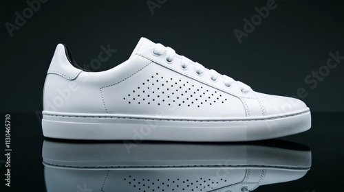 Modern white leather sneakers with perforated details on a reflective black surface under dramatic lighting 