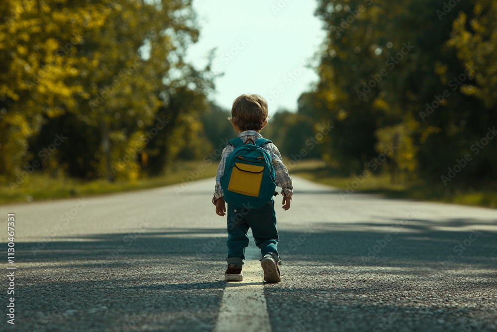 Fototapeta premium Child walking down a quiet road with a yellow backpack